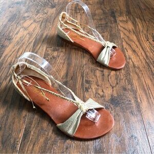 Matt Bernson • Colette Sandals metallic gold leather strappy braided tie